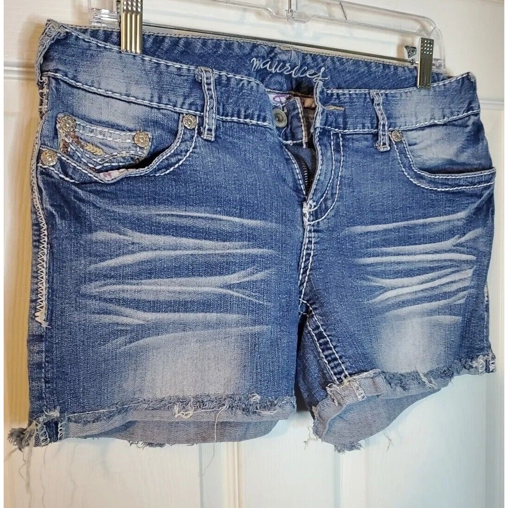 Maurices Shorts Size 9/10 Blue Distressed Summer Button Zipper - Picture 2 of 6